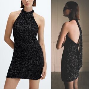 NWT Mango Mng Sequin High Neck Halter Tie Open Back Mini Dress Formal Black 8